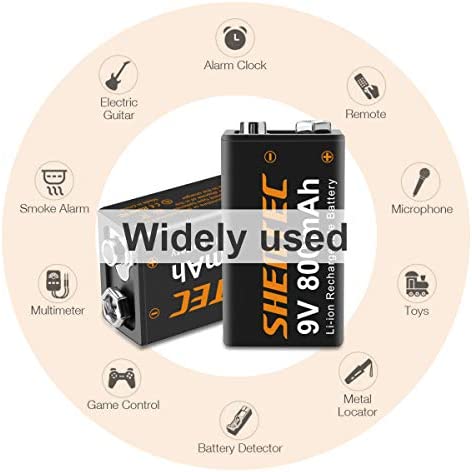 Shentec 9V Rechargeable Lithium Batteries, 800mAh Low Self-Discharge Square 9 Volt LithiumBattery for Alarms, Wireless Microphones, Smoke Detectors, Toys, Flashlights and More(4-Pack)