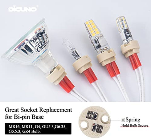 DiCUNO G4, GU5.3 Bi-Pin Ceramic Base Socket, MR16, MR11 Halogen Incandescent LED Bulb Holder Wire Connector (12pcs)