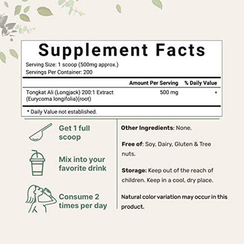 Tongkat Ali Extract 200:1 Concentrate Longjack Powder, 100 Grams, Grown in Indonesia, 100% Pure Eurycoma Longifolia Root Extract Powder, Bitter Taste - No Filler, No Additive, Non-GMO