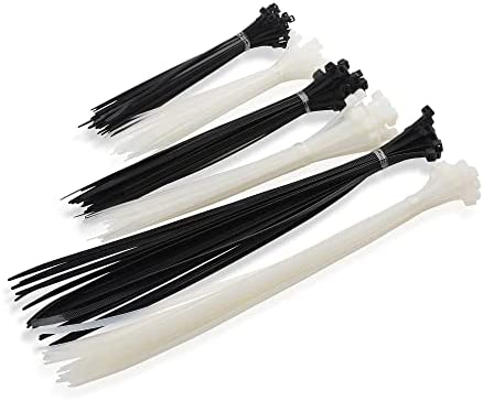 Cable Matters 200-Pack Indoor and Outdoor 6, 8,12-Inch Self-Locking Nylon Zip Ties Assorted Sizes (Tie Wraps, Cable Ties, Zipties) in Black and White