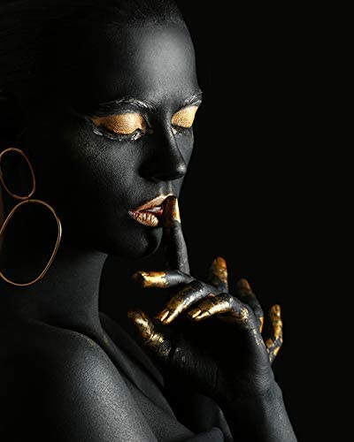 VOUORON African American Fashion Pop Gold Earrings Necklace Black Woman Wall Art Painting Set of 4 (8”X10” Canvas Picture) SPA Bathroom Pretty Girl Room Poster Art Prints Bedroom Home Decor Unframed