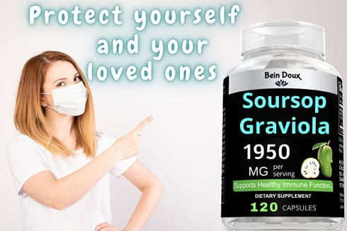 1950mg Soursop Graviola Capsules (Guanábana) Organic Leaves Powder Rich in Powerful Anti-Oxidants - 120 Capsules 40 Servings