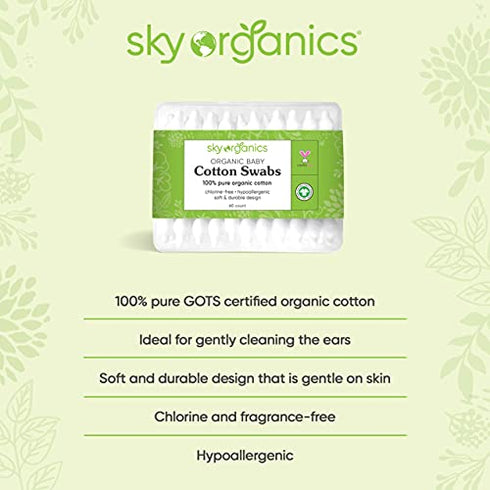 Sky Organics Organic Baby Cotton Swabs for Baby, 100% Pure Organic Cotton, GOTS Certified Organic Cotton, 180 Count