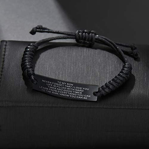 Son Gift Personalized Braided Bracelet from Mom and Dad with Dog Tag Necklace You Will Never Lose Birthday Graduation Valentines Gifts Black Stainless Steel