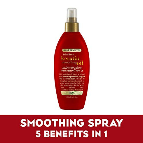 Frizz-Free + Keratin Smoothing Oil Miracle Gloss Spray, 5 in 1, De-frizz & Shiny Hair, Argan Oil