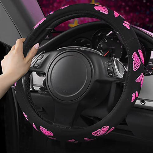Car Pass Hot Pink Butterfly Universal Steering Wheel Cover, Fit for Suvs,Trucks,Sedans,Cars for Cute Women Girly (Hot Pink)