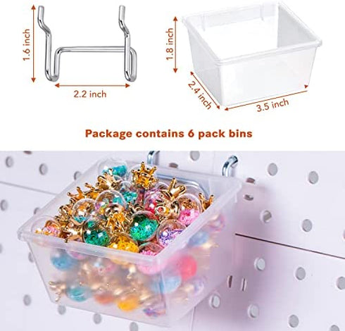 6 Pack Pegboard Clear Bins, Pegboard Bins Hooks, DIY Pegboard Accessories, Workbench Small Bins Fit 1/4 -1/8 Peg Board for Organizing Hardware, Garage Storage, Craft Room, Tool Shed, Hobby Supplies
