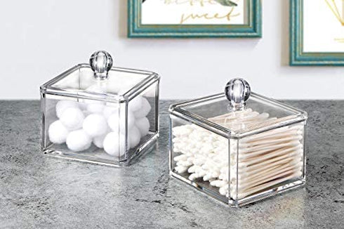 Modern Square Qtip Holder Acrylic Bathroom Vanity Countertop Storage Organizer Canister Jar for Cotton Swabs, Rounds, Balls, Makeup Sponges, Bath Salts - 2 Pack - Clear