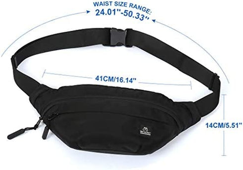 Black Large Fanny Pack for Men Women Plus Size Waist Waterproof, Gym Outdoor Fashion Belt Waist Bag Pack Pouch for Men with Zipper Adjustable Strap,Nylon