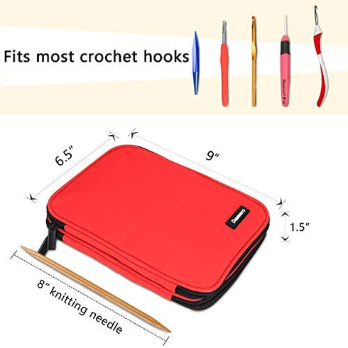 Damero Crochet Hook Case, Travel Storage Bag for Swing Crochet Hooks, Lighted Hooks, Needles(Up to 8'') and Accessories, Large, Red (No Accessories Included)