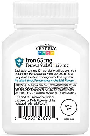 21st Century Iron 65 mg Ferrous Sulfate 325 mg Tablets, 120 Count