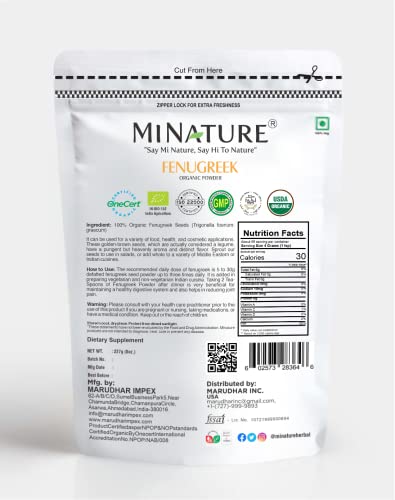 mi nature USDA CERTIFIED Organic Fenugreek Powder (TRIGONELLA FOENUM)(100% NATURAL , ORGANICALLY GROWN ) (227g / (1/2 lb) / 8 ounces) - Resealable Zip Lock Pouch