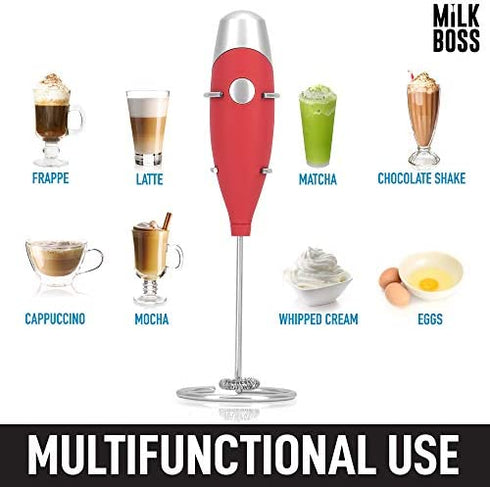 Milk Boss Mighty Milk Frother Handheld Whisk Mixer - Coffee Frother Electric Handheld Foam Maker & Frother For Coffee - Portable Electric Whisk With 16-Piece Stencils For Lattes, Matcha & More (Red)