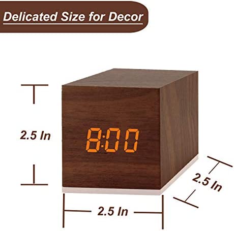 Digital Alarm Clock, with Wooden Electronic LED Time Display, 3 Alarm, 2.5-inch Cubic Small Mini Wood Made Electric Clocks for Bedroom, Bedside, Desk, Brown