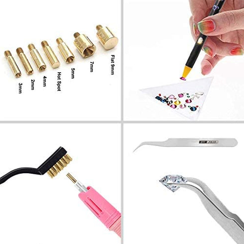 Hotfix Applicator Tool, Bedazzler Kit with DIY Hot Fix Rhinestones Include 7 Tips, Support Stand Tweezers Cleaning Brush Wax Pencils and 2400 Rhinestone