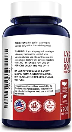Lycopene & Lutein Complex 50mg 200 Veggie Capsules (Non-GMO & Gluten Free)