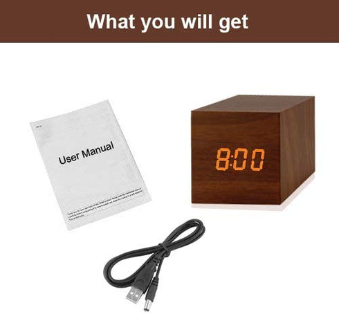 Digital Alarm Clock, with Wooden Electronic LED Time Display, 3 Alarm, 2.5-inch Cubic Small Mini Wood Made Electric Clocks for Bedroom, Bedside, Desk, Brown