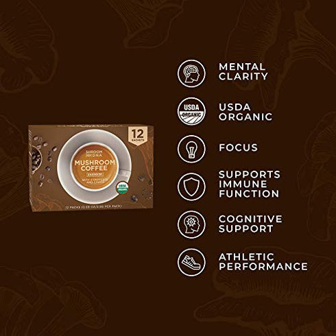 ShroomDNA Organic Mushroom Coffee with Lions Mane and Chaga Mushrooms, Instant Coffee. Instant Focus + Clarity All Day. Vegan, Gluten Free,No Added Sugar | USDA Certified Organic (12 Count Pack)