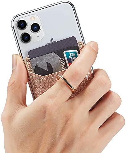 TOPWOOZU Phone Card Holder with Ring Grip for Back of Phone,Adhesive Stick-on Credit Card Wallet Pocket for iPhone,Android and Smartphones (Pink)