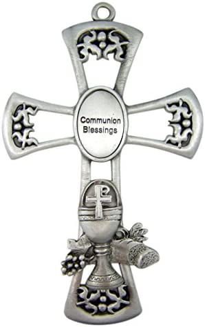 First Holy Communion Pewter Communion Blessings Wall Cross with Chalice Emblem, 5 1/2 Inch