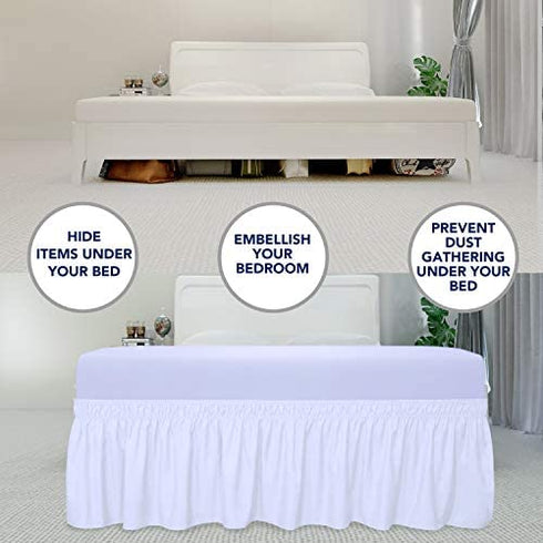 PureFit Wrap Around Ruffled Bed Skirt with Adjustable Elastic Belt - 18 Inch Drop Easy to Put On, Wrinkle Free Bedskirt Dust Ruffles, Bed Frame Cover for Queen, King and C-King Size Beds, White