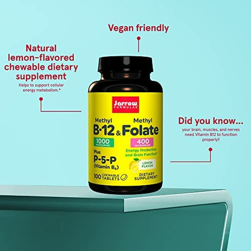 Jarrow Formulas Extra Strength Methyl B-12 & Methyl Folate-100 Chewable Tablet, Lemon Flavored-Bioactive Vitamin B12 & B9-Cellular Energy & Cardiovascular Support- Non-GMO & Gluten Free