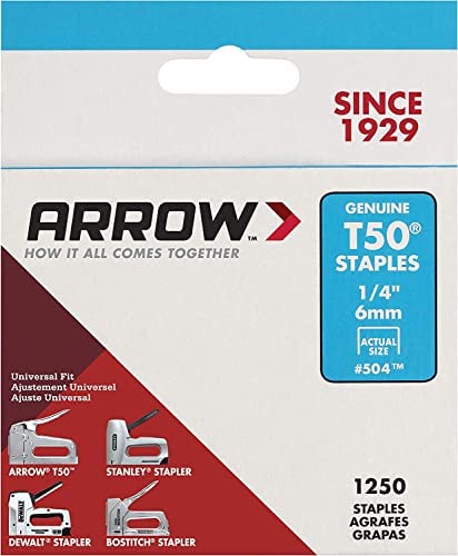 Arrow 504 Heavy Duty T50 1/4-Inch Staples for Upholstery, Construction, Furniture, Crafts, 1250-Pack