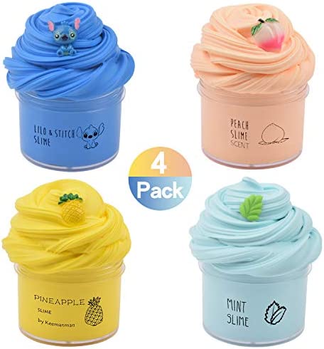 4 Pack Butter Slime Kit with Blue Stitch, Peach, Pineapple and Mint Charms, Scented DIY Slime Supplies for Girls and Boys, Stress Relief Toy for Kids Education, Party Favor, Gift and Birthday