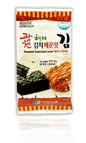 Korean Crispy Seasoned Seaweed Snacks Kimchi Spicy Sheets - 12 Individual Packs 100% Natural Laver 12 Pack Roasted Nori Snack Healthy Premium Gim by Unha's Asian Snack Box
