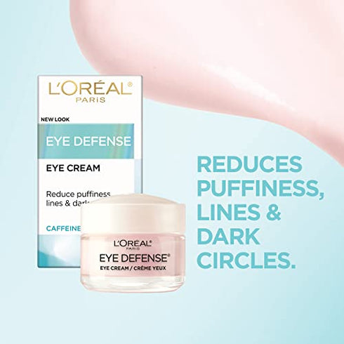 Eye Cream to Reduce Puffiness, Lines and Dark Circles, L'Oreal Paris Skincare Dermo-Expertise Eye Defense Eye Cream with Caffeine and Hyaluronic Acid For All Skin Types, 0.5 oz.
