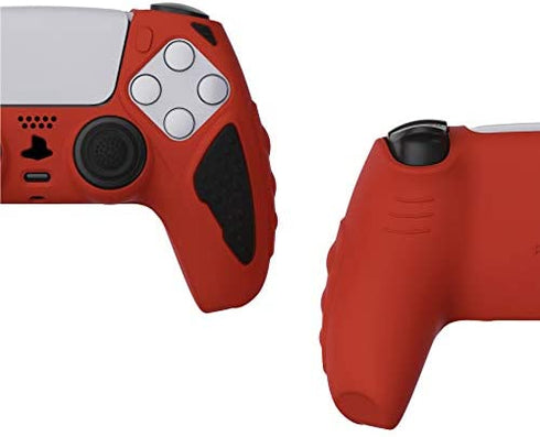 PlayVital Knight Edition Passion Red & Black Two Tone Anti-Slip Silicone Cover Skin for ps5 Controller, Soft Rubber Case for ps5 Wireless Controller with Thumb Grip Caps