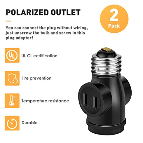 Onite 2pcs E26 Light Bulb Socket to 2 Polarized Outlet Adapter for Retrofitting Garage Porch Light Shop Closet LED String Light, Christmas Lights, Security Cameras, Handy Socket Plugs