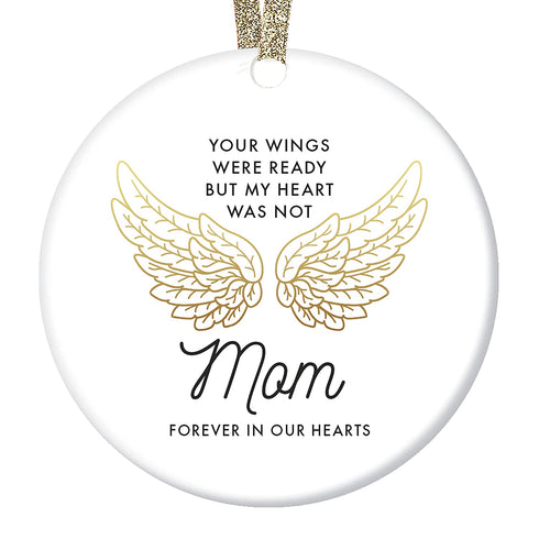 DIGIBUDDHA In Loving Memory of Mom Ornament Christmas Memorial Loss of Mother Anniversary Keepsake Family Sympathy Gifts Funeral Service Condolence Gold Angel Wings 3" Flat Circle Ceramic Decorations