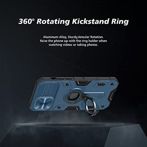 CloudValley for iPhone 12/12 Pro Case with Camera Cover & Kickstand, Slide Lens Protection + 360° Rotate Ring Stand, Impact-Resistant, Shockproof, Protective Bumper, 6.1 inch Blue Armor Style