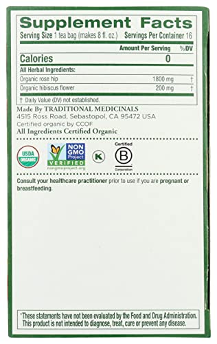 Traditional Medicinals Organic Rose Hips with Hibiscus Herbal Tea, 16 Tea Bags (Pack of 1)