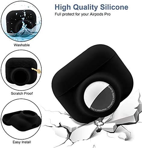 2 in 1 Protective Case for Apple AirPods Pro Air Tag Holder Combo, Soft Silicone Airpods Pro AirTag Case with 2 PCS Screen Protector, Anti-Scratch Anti-Fall Anti-Lost Shockproof Durable(Black)