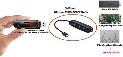 AuviPal 3-Port Micro USB OTG Hub Adapter (3 USB Ports + Power Port) for Fire Stick 4K, Playstation Classic, Raspberry Pi Zero, Sega Genesis Mini, S/NES Classic Mini and More - Black