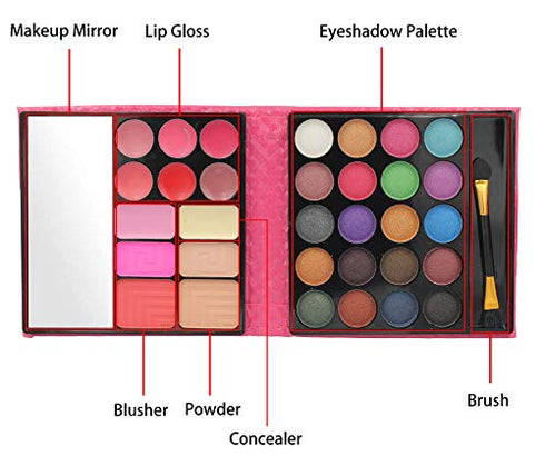 All in one Makeup Kit, Eyeshadow Palette Lip Glosses Blusher Concealer Powder Brush Mirror,Professional makeup kit set for women girls teens or Beginner,32 Color (1Pc)