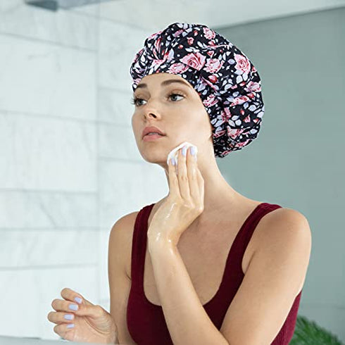 Luxury Shower Cap for Women, Waterproof Reusable Shower Caps Double Layers Microfiber Terry Lined with Dry Hair Function, Large for Long Hair, Adjustable