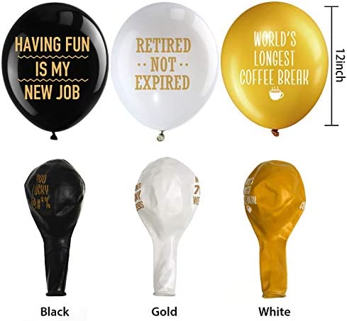 48 Pieces 12 Inches Retirement Balloons Decoration Happy Retirement Supplies Fun Retirement Latex Balloons for Women and Men Retirement Party Decoration Indoor Outdoor (Black, White, Gold)