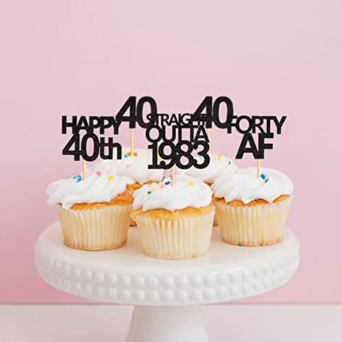 Keaziu 48 Pack Black 40th Birthday Cupcake Toppers Straight Outta 1983 Cupcake Toppers Happy 40th Cupcake Toppers Forty AF Cupcake Toppers 40 Years Birthday Party Decoration | black 1983