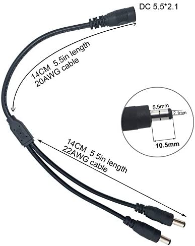 Litever Power Splitter, 2 Way, 1 Female Jack to 2 Male Plugs, 5.5mm x 2.1mm, 1:2, Y Adaptor Copper Cable, for CCTV Camera & LED Strip Lighting Power Supply Connector