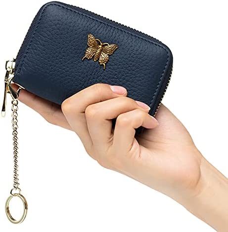 imeetu RFID Credit Card Holder for Women Small Leather Zipper Card Case Wallet with Removable Keychain (Blue)