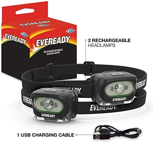 Eveready Rechargeable LED Headlamps (2-Pack), IPX4 Water Resistant Head Lights for Running, Camping, Emergency, Outdoors (USB Cable Included),Black (2-Pack),Adjustable