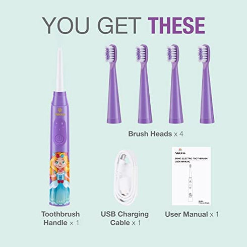Vekkia Princess Kids Electric Toothbrush, 2 Minutes Timer for Age 3+, 4 Brush Heads, (Rechargeable)