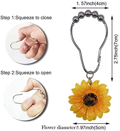 CHICTIE Sunflower Shower Curtain Hooks Rings, Yellow Flowers Decorative Shower Curtain Hooks, 12 Pcs Rustproof Shower Rings for Bathroom Set (Yellow Sunflower)