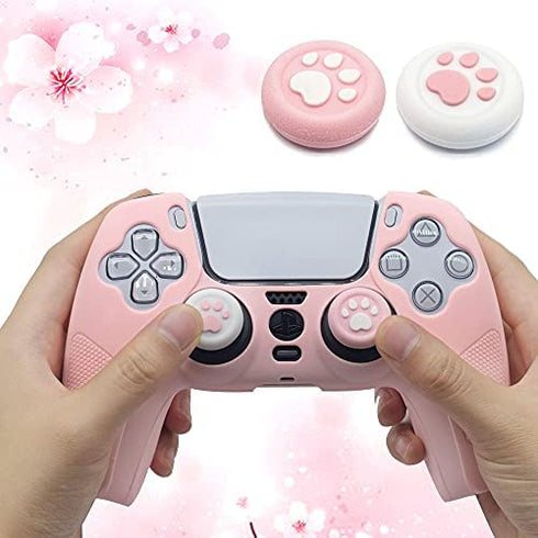 BRHE PS5 Controller Skin Grip Cover Anti-Slip Silicone Protector Rubber Case Cute Kawaii Accessories Set Gamepad Joystick Shell with 2 Thumb Grip Caps (Full Covered, Pink)