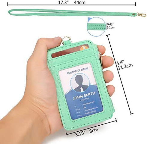 Leamekor ID Badge Holder with Neck Lanyard PU Leather ID Badge Wallet Case with 1 ID Window, 4 Card Slots, 1 Side Zipper Pocket