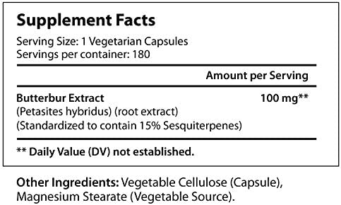 Butterbur Extract 100mg 180 Vegetarian Capsules | Made In Usa | Natural Headache Supplement | Migraine and Allergy Relief | Supports Healthy Bladder and Inflammation | 100 mg Pure Powder Pill Formula