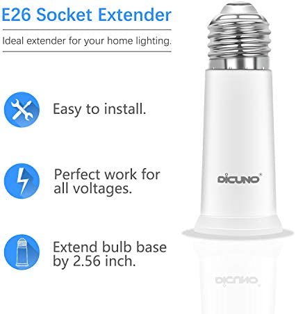 DiCUNO E26 Socket Extender, E26 to E26 Standard Medium Base, 6.5CM/2.56 Inch Extension Socket Adapter, Max 200W Light Bulb Extender 2 Pcs